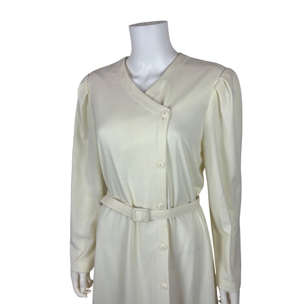 Vintage 80s Asymmetrical Dress Womens XL Cream Long Sleeve Belted Long Sleeve Po - Picture 5 of 11